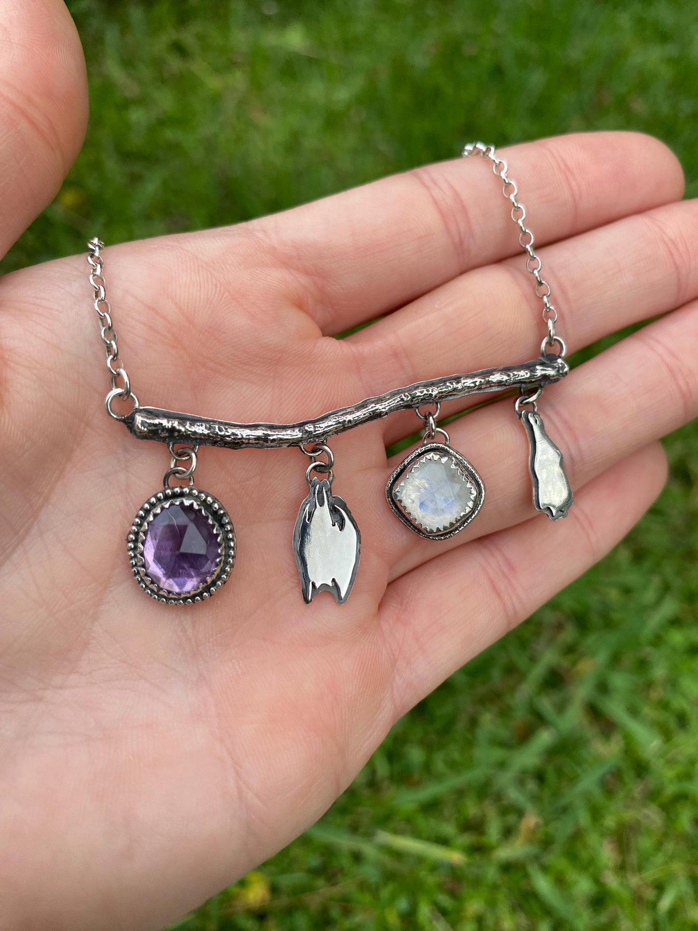 Amethyst Moonstone Hanging Bat Silver Necklace