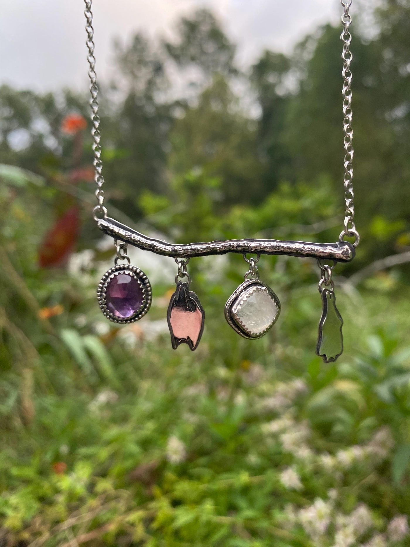 Amethyst Moonstone Hanging Bat Silver Necklace