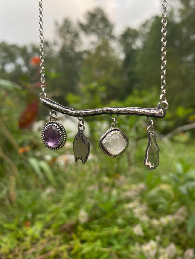 Amethyst Moonstone Hanging Bat Silver Necklace
