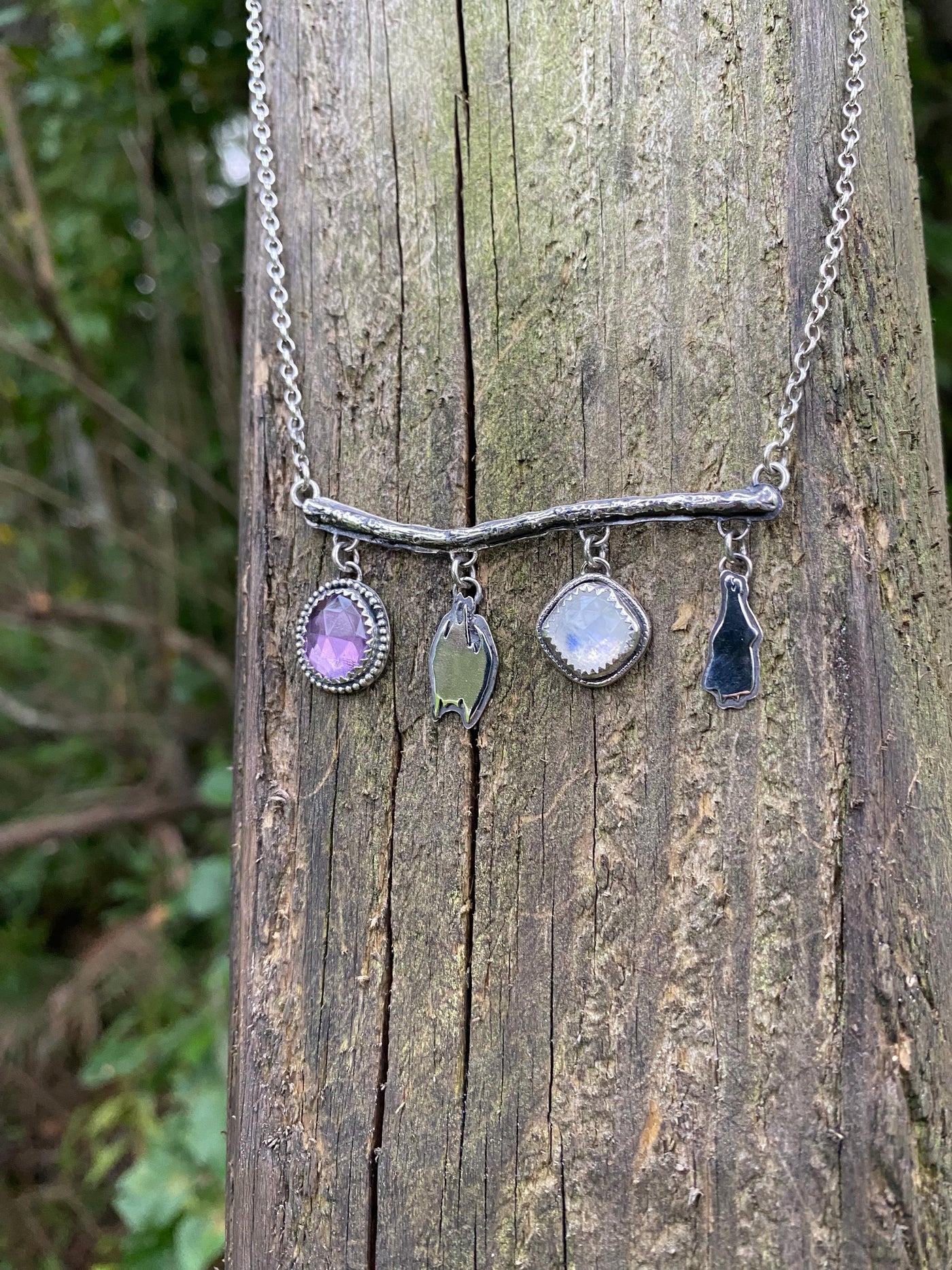 Amethyst Moonstone Hanging Bat Silver Necklace