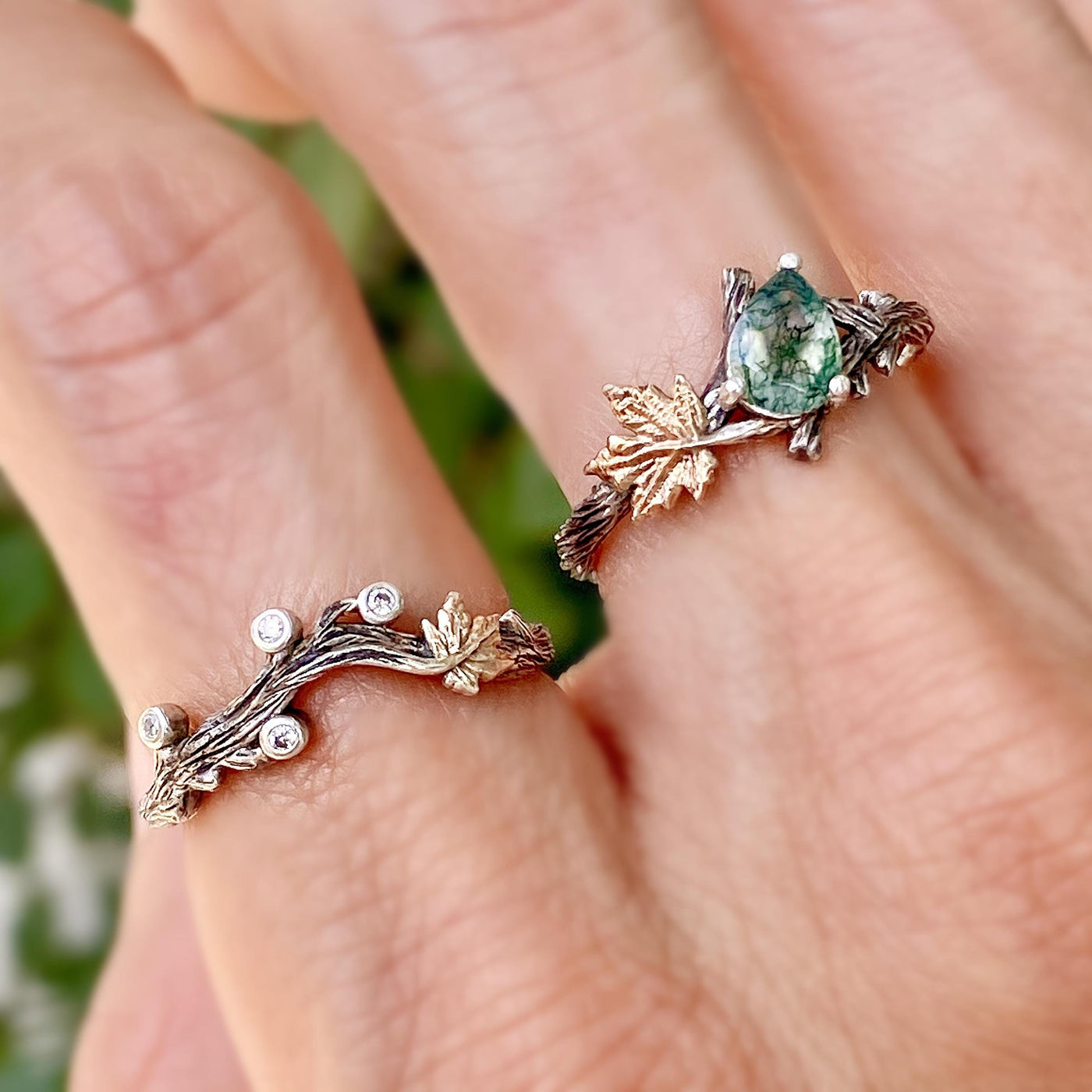 Natural Moss Agate Tree Branch Engagement Ring