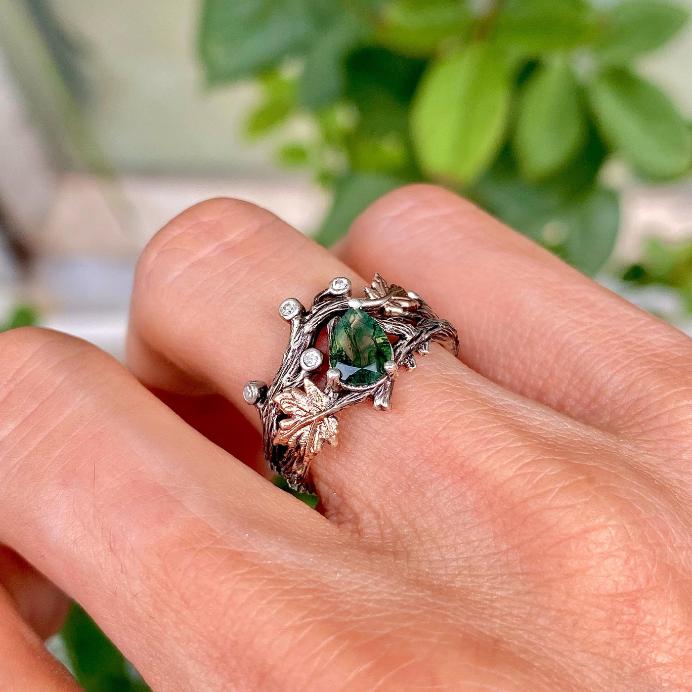 Natural Moss Agate Tree Branch Engagement Ring