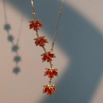 Gold Plated Maple Leaves Red Zirconia Necklace