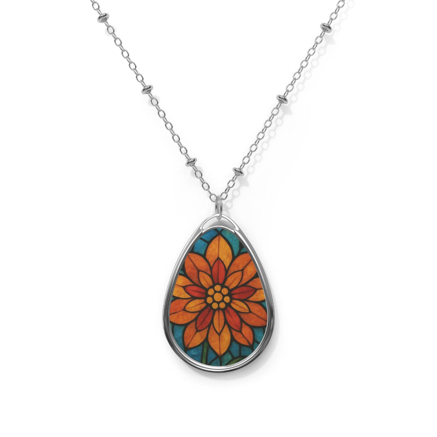 Autumn Floral Stained Glass Teardrop Necklace