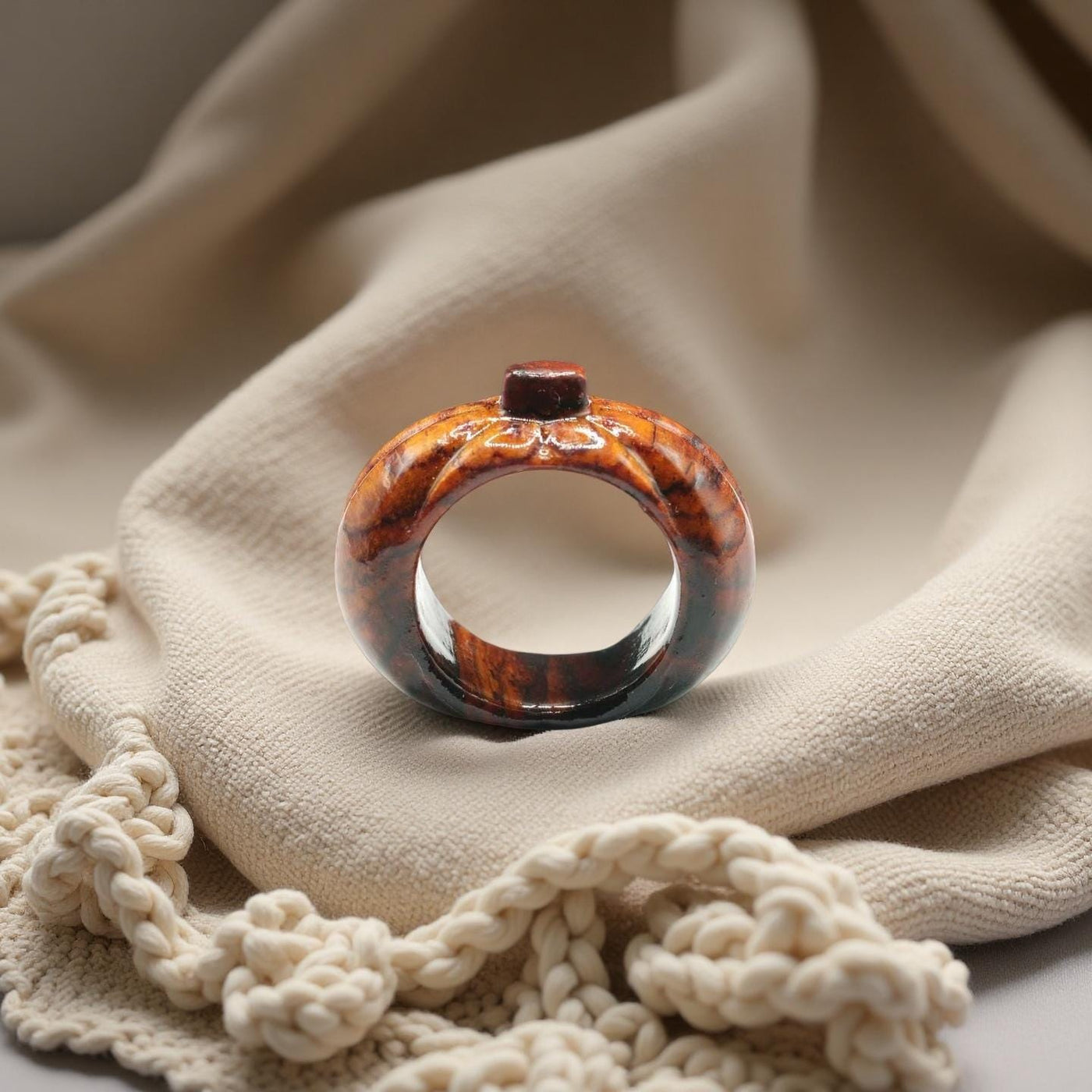 Handmade Pumpkin Carved Wood Ring