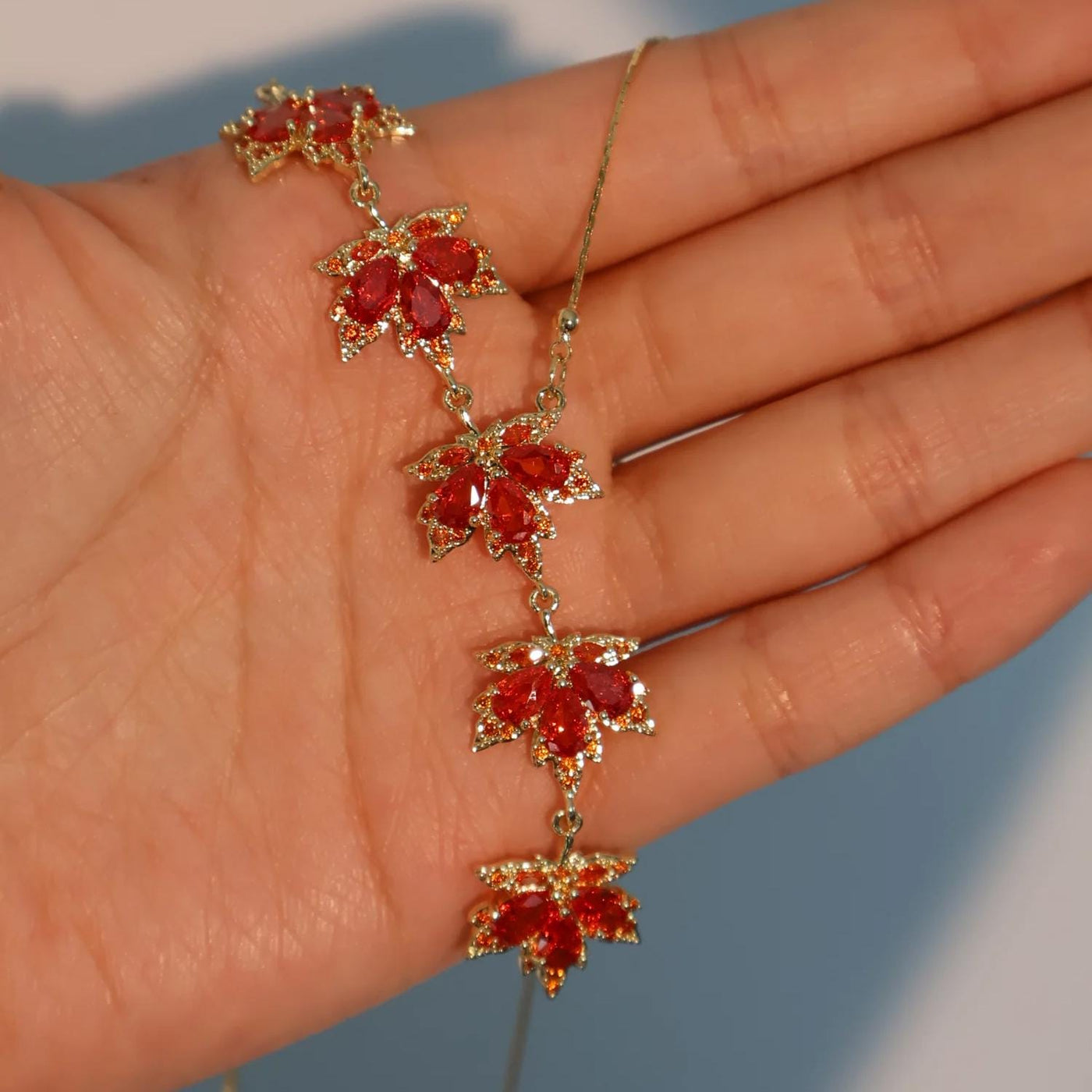Gold Plated Maple Leaves Red Zirconia Necklace