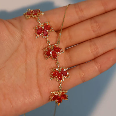 Gold Plated Maple Leaves Red Zirconia Necklace