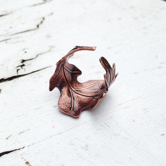 Adjustable Copper Oak Leaf Ring Autumn Jewelry