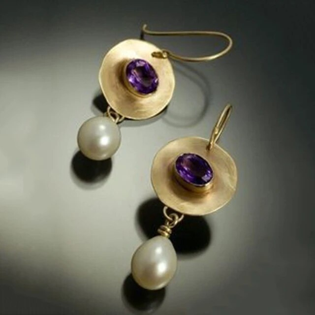 Exclusive Vintage Pearl Earrings with Purple Zirconia