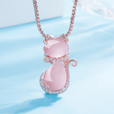 Pink Stone Lovely Cat Necklace with Zircon