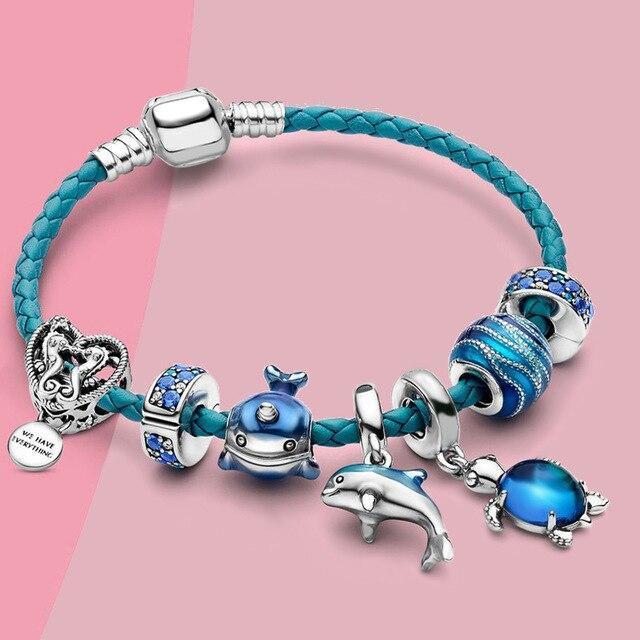 Ocean-Inspired Bracelet with Leather and Silver Charms